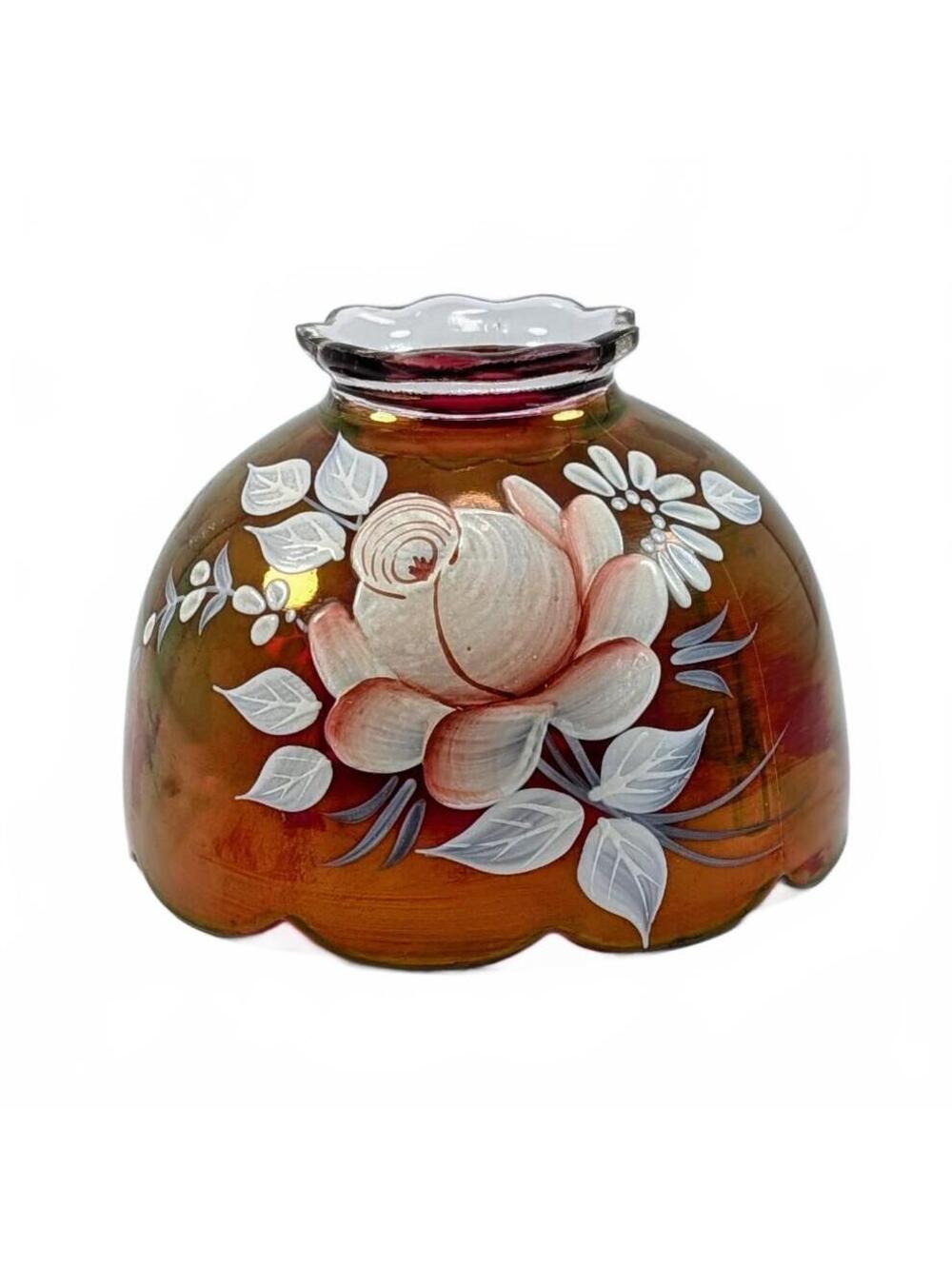 1977 Westmoreland Ruby Red Fairy Lamp Shade, Handpainted Rose